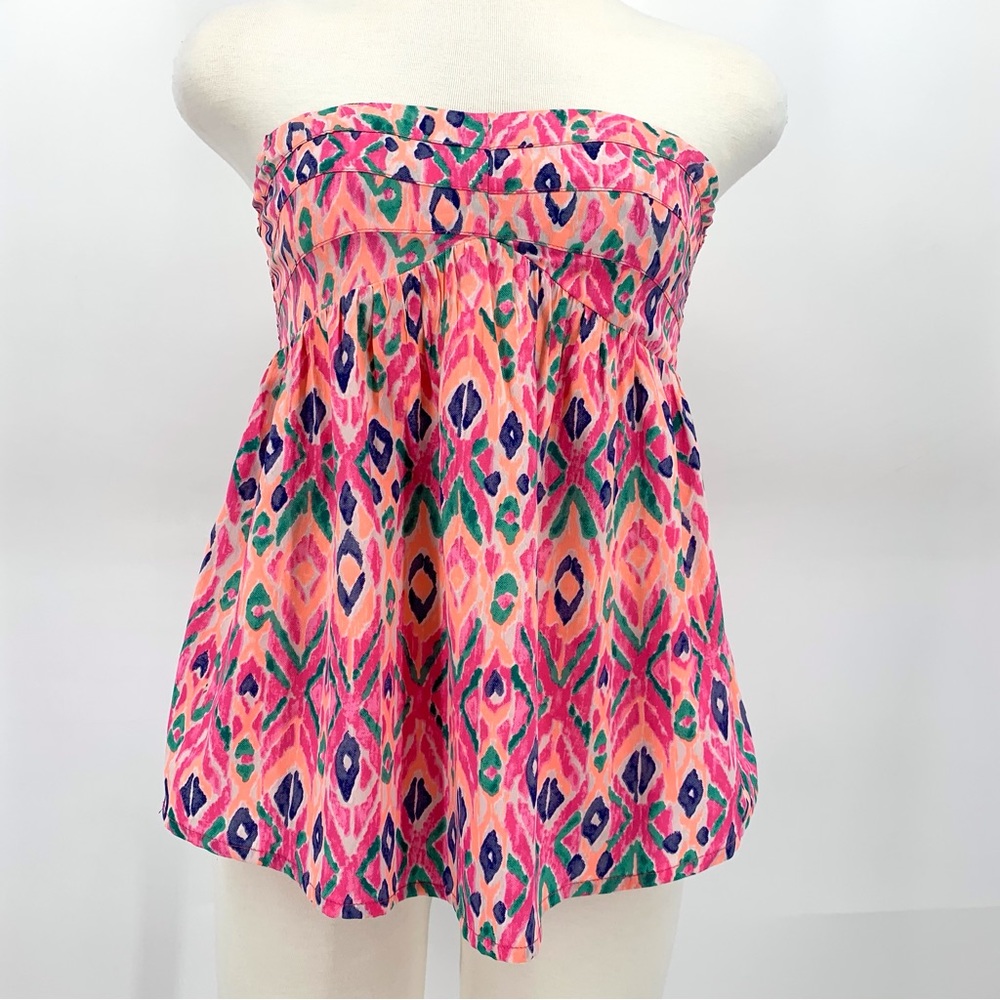 Roxy Pink and Orange Patterned Strapless Flowy Top, Small